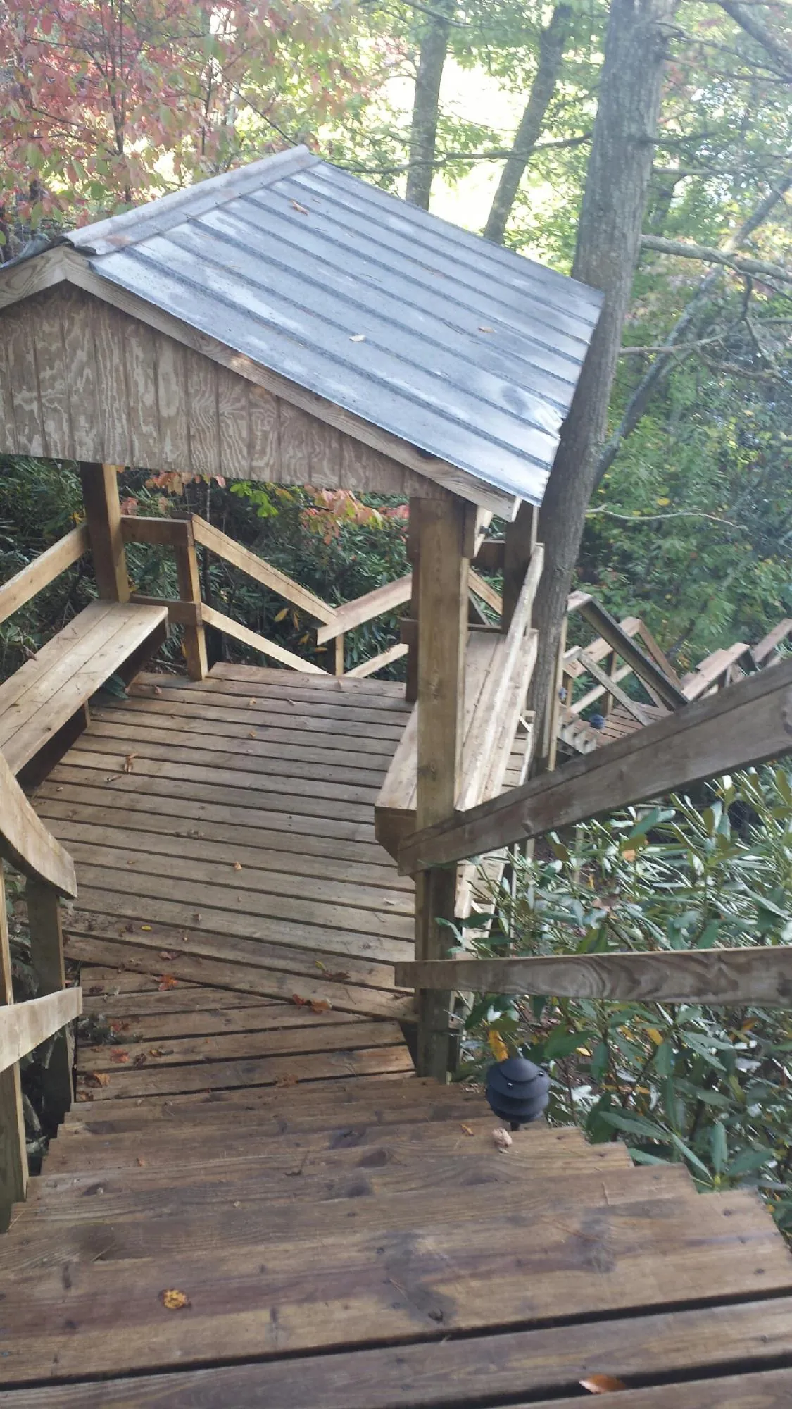 Metal roofed shelter over wooden steps on a wooded walkway — Skylight Repair & Installation work by our crew in Lindstrom